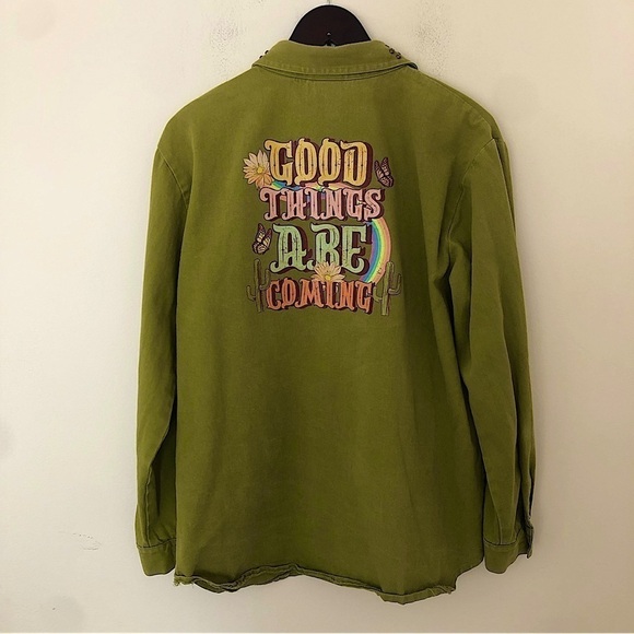 Vintage Saint Germain Studded 100% Cotton Denim Graphic Jean Jacket Size Large - Picture 4 of 10